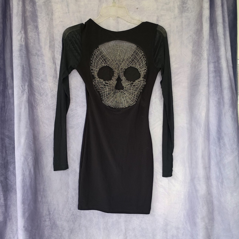 Symphony Black Skull Bodycon Dress Mesh Sleeve Gothic Y2K Mini Dress